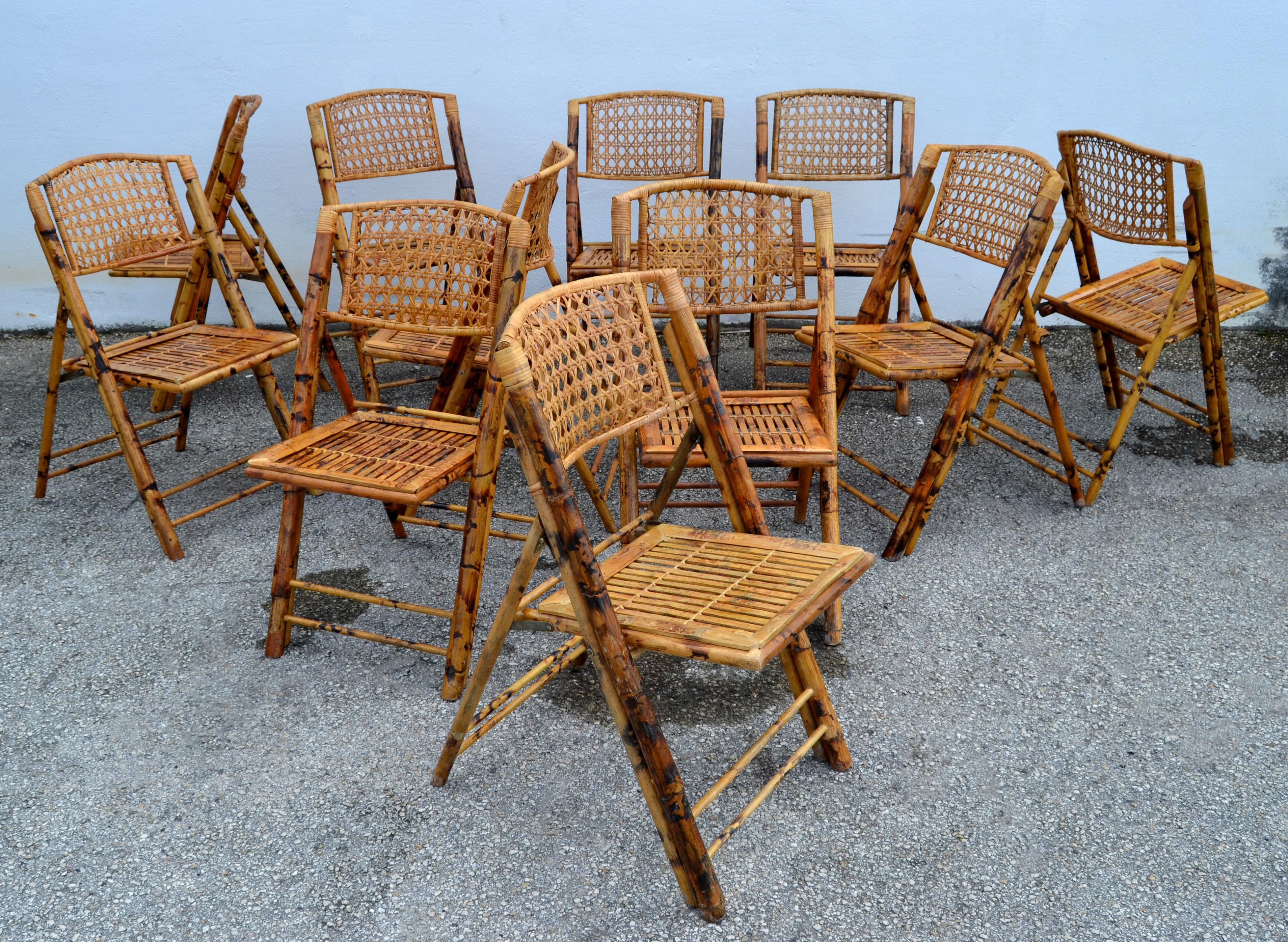 Set de 11 sillas plegables de bambú Tigre Quemado, de los años 70 Bohemian Chic en venta 7