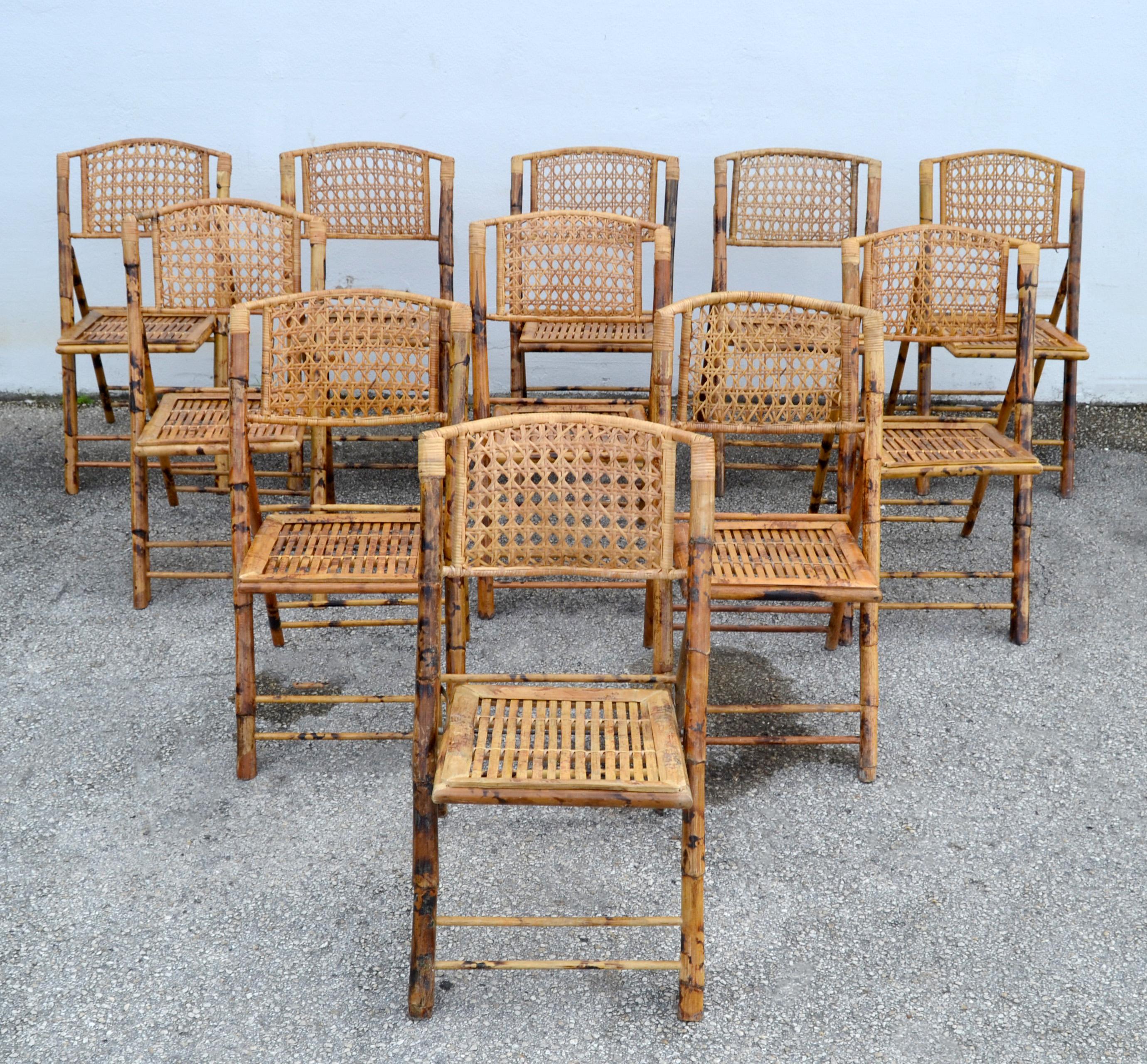 Set de 11 sillas plegables de bambú Tigre Quemado, de los años 70 Bohemian Chic en venta 8