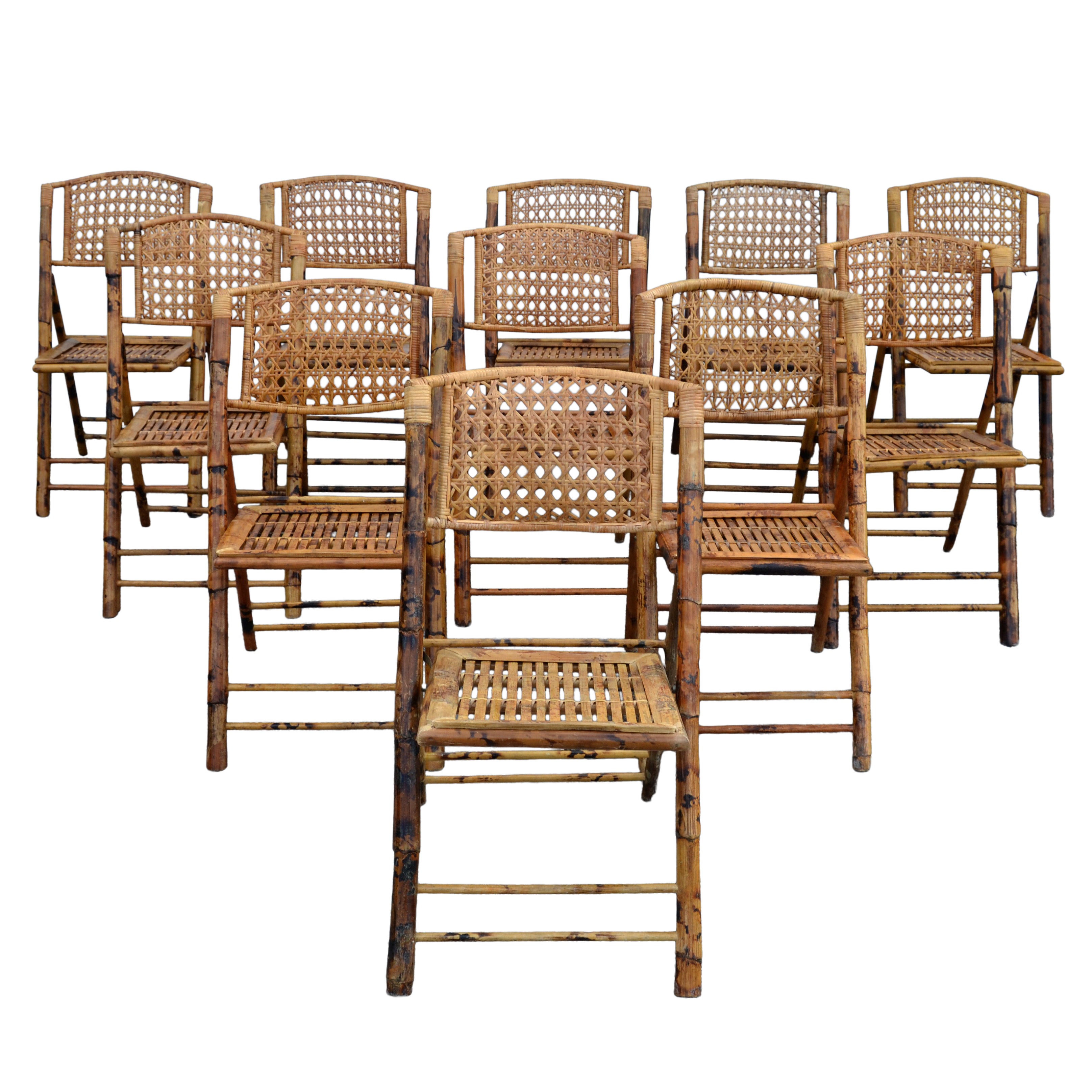 Set de 11 sillas plegables de bambú Tigre Quemado, de los años 70 Bohemian Chic