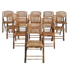 1970s Set of 11 Burnt Tiger Bamboo Folding Side, Dining Chairs Bohemian Chic
