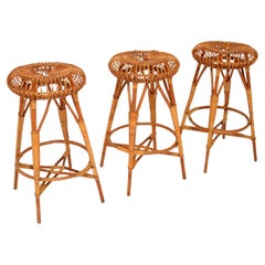 1970's Set of 3 Bamboo Bar Stools by Franco Albini