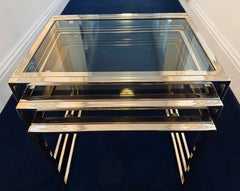 1970s Set of 3 Belgium Belgo Chrom 24k Gold Plated Chromed Steel Nesting Tables