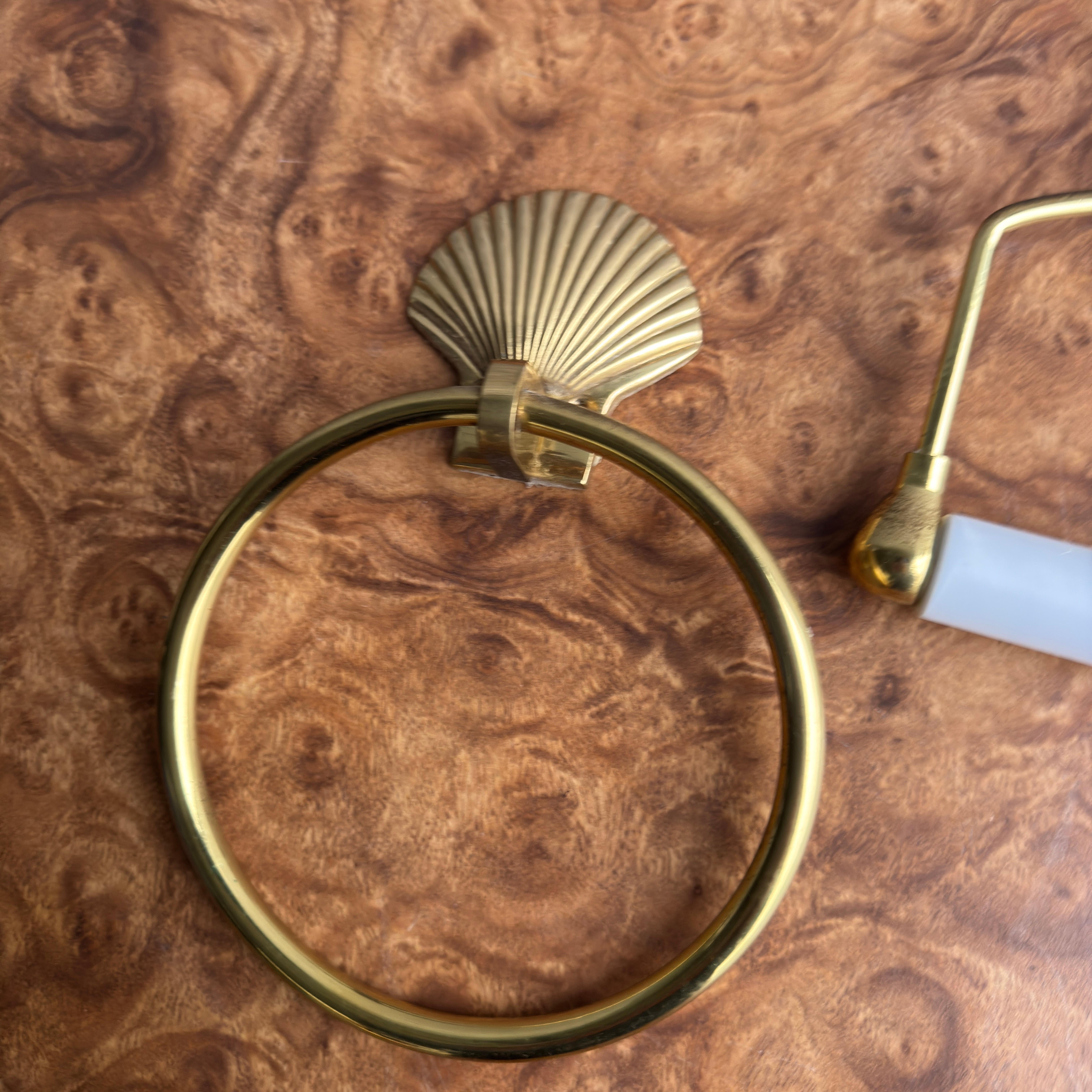 Late 20th Century 1970s Set of 3 Brass Shell Motif Towel Rings (Pair) and Toilet Paper Roll Holder For Sale