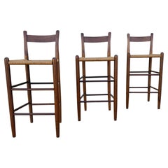 Set di 3 sgabelli da bar in rovere in stile moderno danese degli anni '70 con sedute in giunco Metà secolo