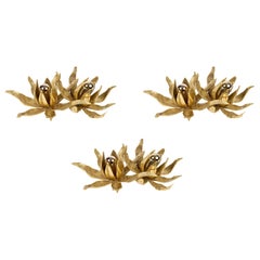 1970s Set of 3 Gilded Bronze Flower Sconces, Paul Moerenhout