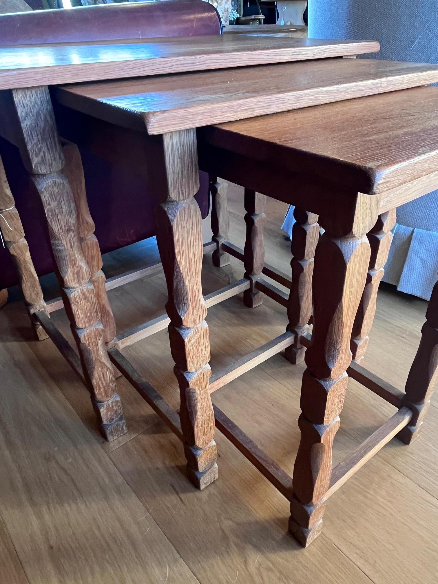 1970s Set of 3 Manner of Henning Kjaernulf Oak Nesting Tables In Good Condition For Sale In Duxbury, MA