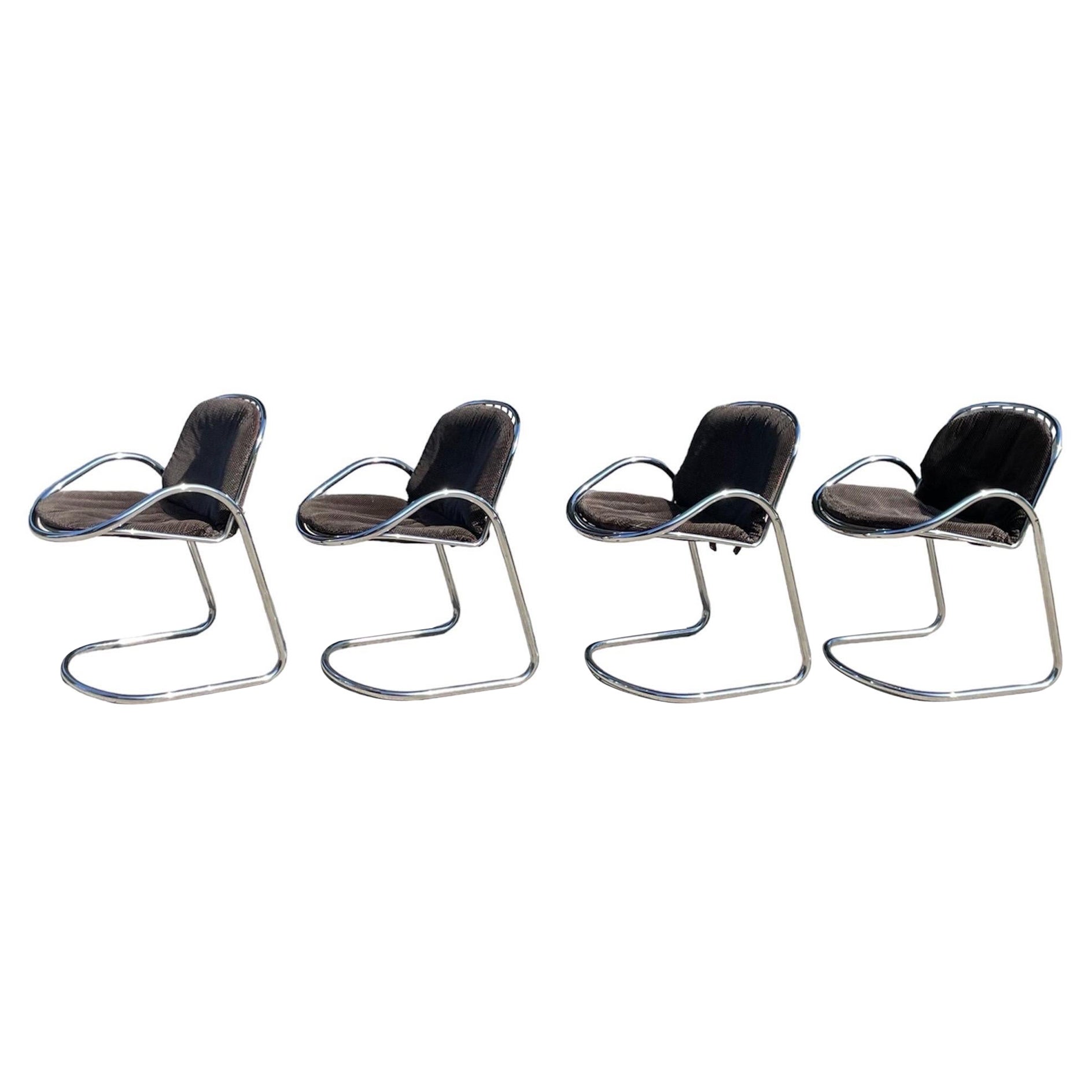 1970s Set of 4 Chromed Steel Cantilever Dining Chairs by Gastone Rinaldi For Sale