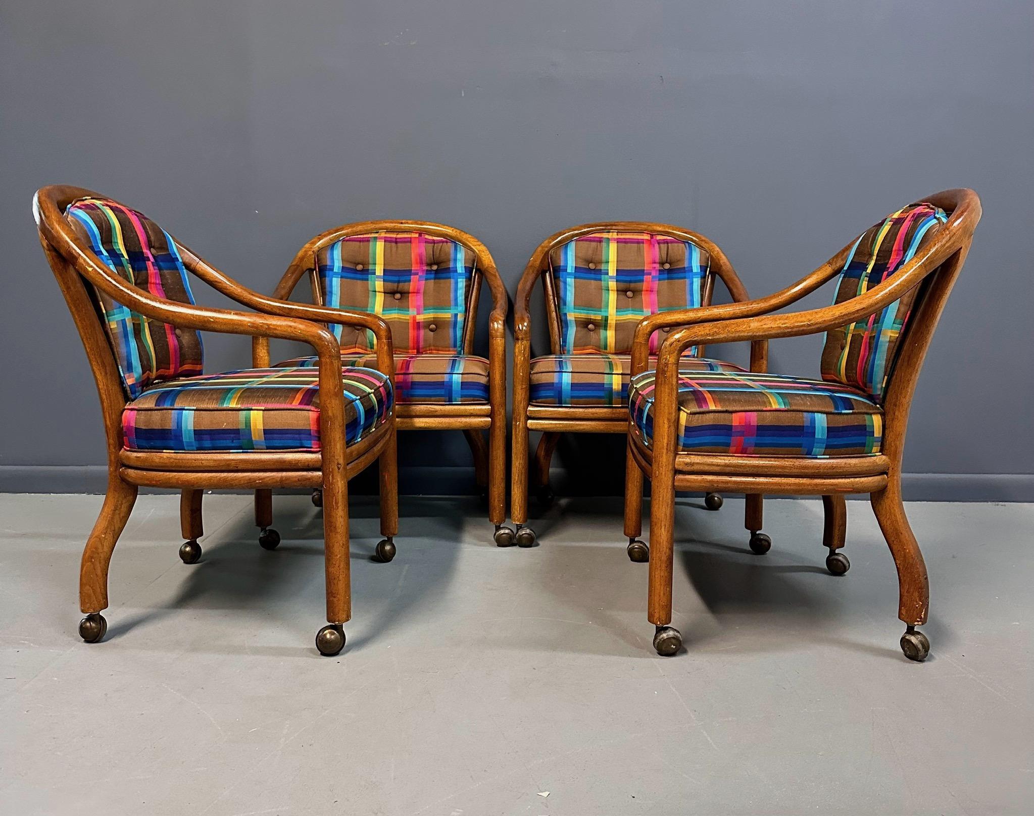 Walnut 1970s Set of 4 Drexel Game Table Chairs with Cane Backs Mid Century