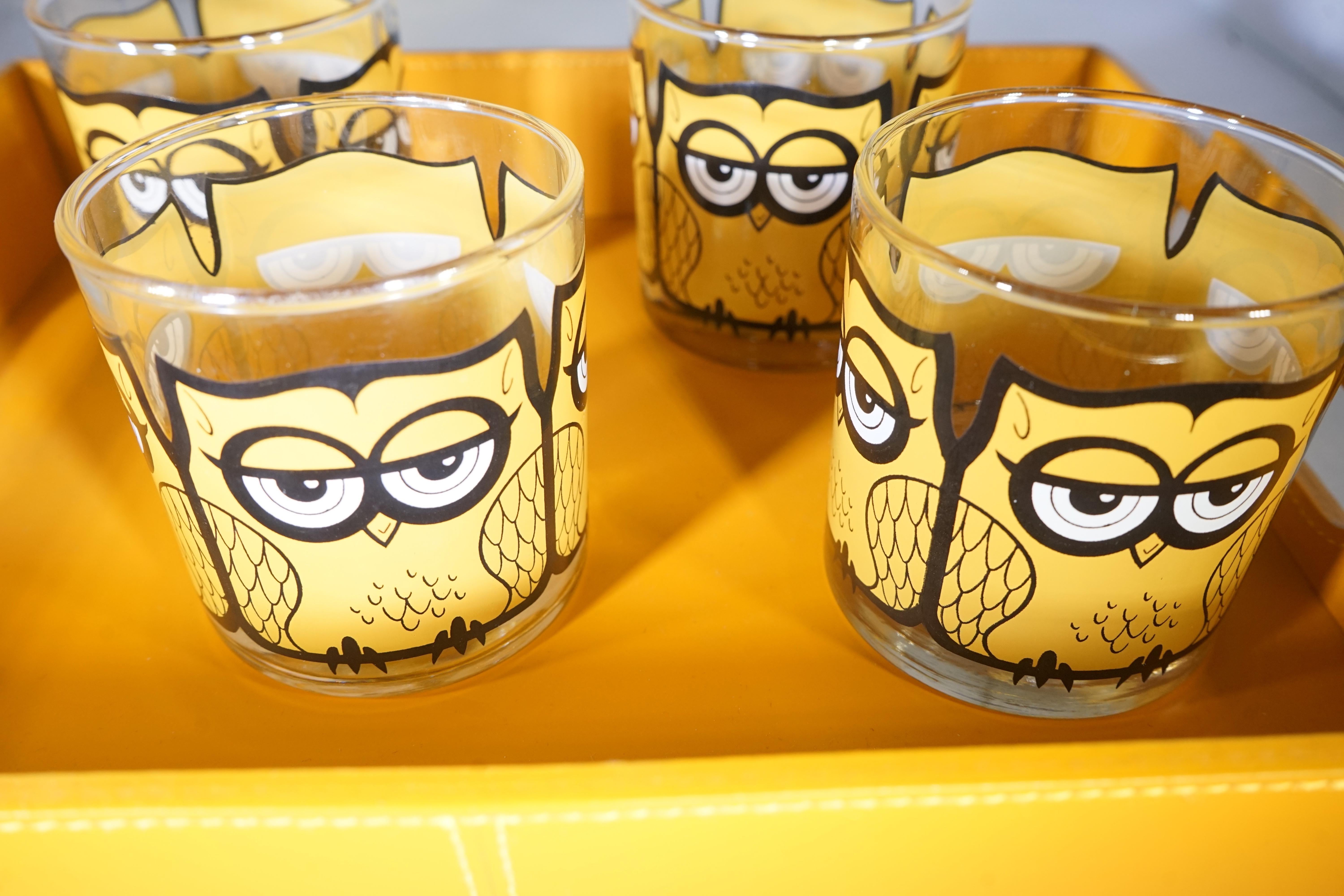American 1970s Set of 4 Low Glass Tumblers with Owl Design Signed by M. Petti