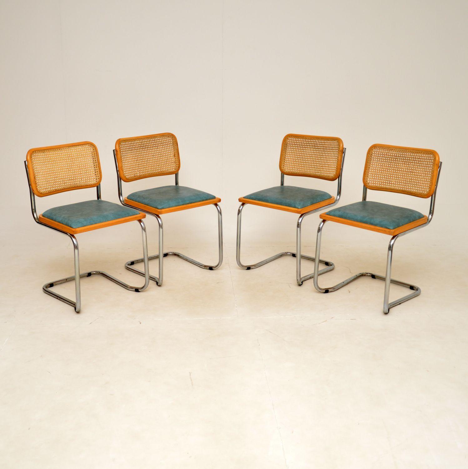 A stylish and iconic set of ‘Cesca’ dining chairs, originally designed by Marcel Breuer in the 1920s. These were made in Italy, they date from around the 1970s.

They are extremely well made, and are very comfortable, the cantilevered base gives