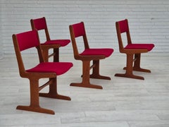 1970s, set of 4 reupholstered Danish chairs, teak wood, cherry-red velour.