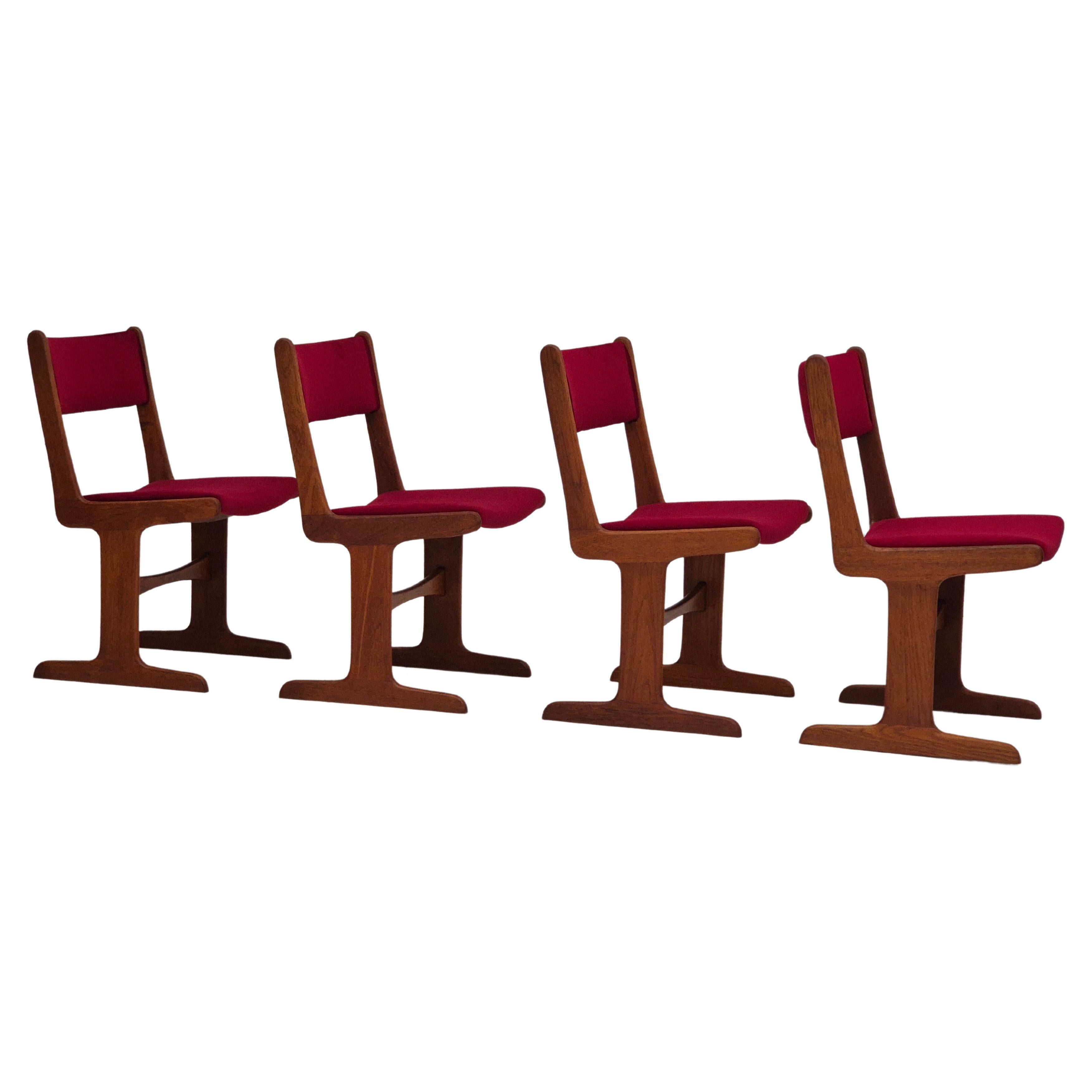 1970s, set of 4 reupholstered Danish chairs, teak wood, cherry-red velour.