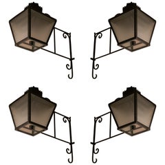 1970s Set of 4 Spanish Black Wrought Iron Wall Lanterns
