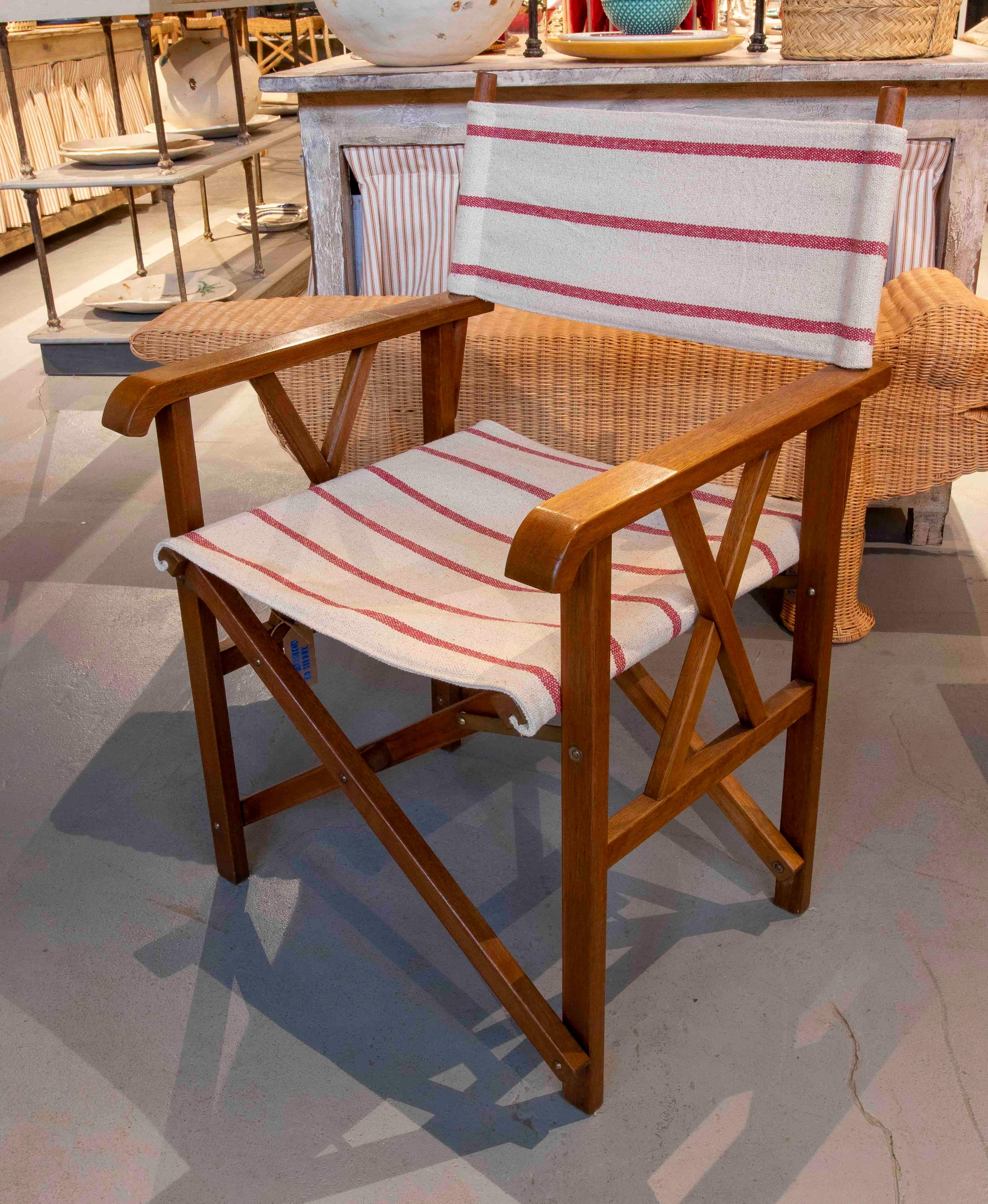 Spanish 1970s Set of 4 Vintage Director's Chairs in Wood and Red Striped Canvas For Sale