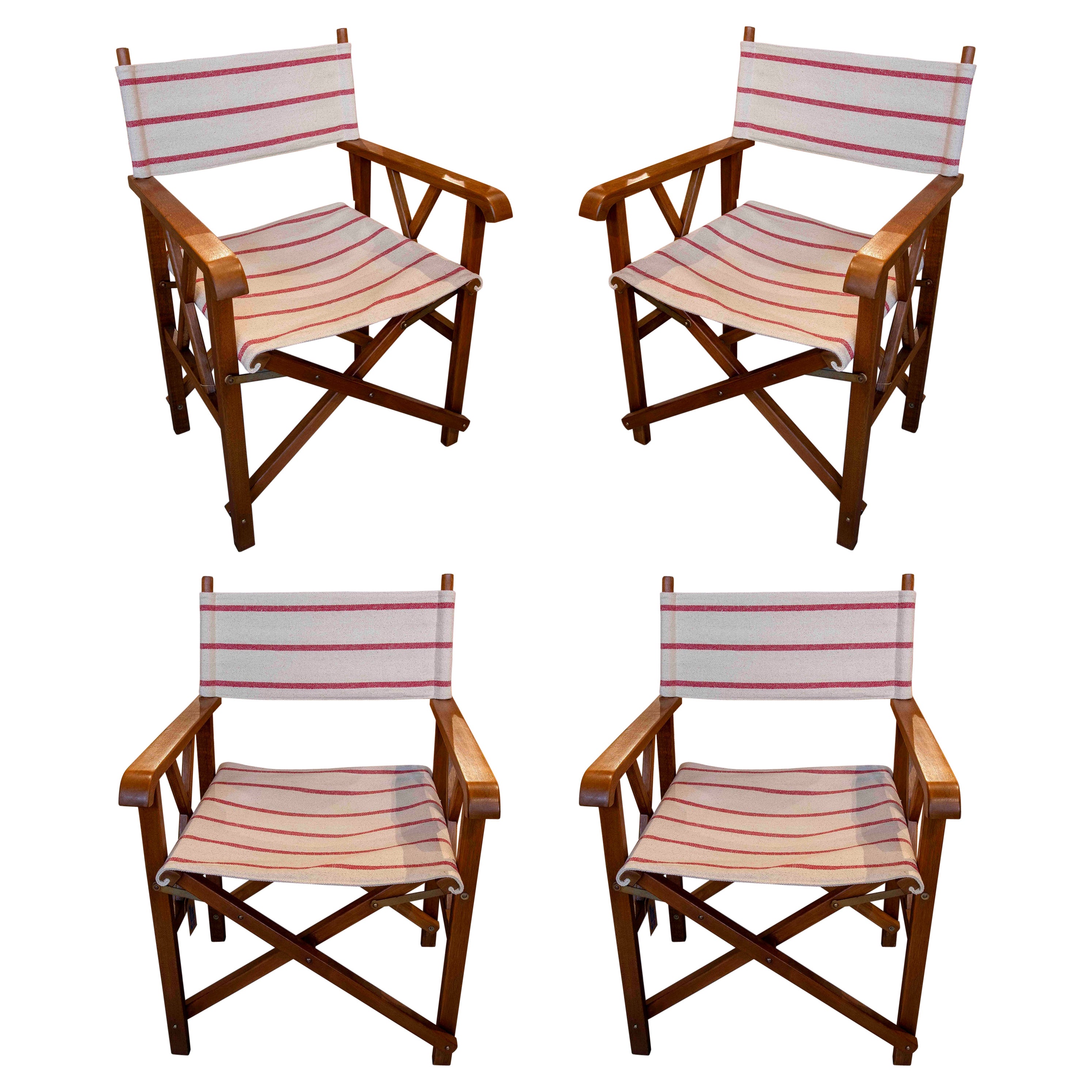 1970s Set of 4 Vintage Director
s Chairs in Wood and Red Striped Canvas For Sale