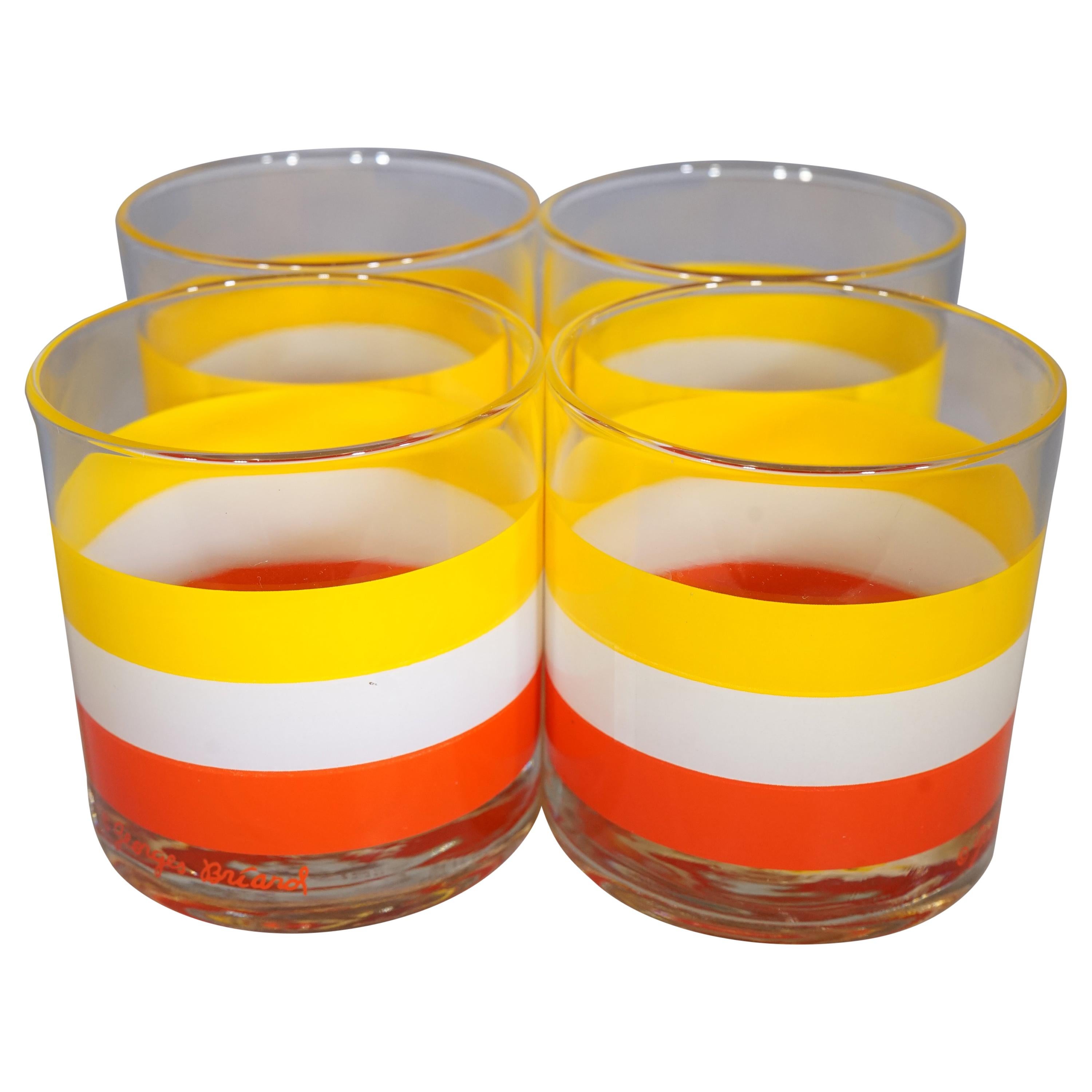 1970s Set of 4 Yellow and Red Striped Old Fashioned Glasses by