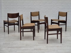 1970s, set of 5 Danish dinning chairs, original condition, teak wood, leather.