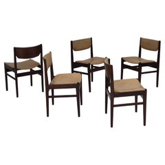 Años 70, juego de 5 sillas de comedor danesas, estado original, madera de teca, cuero.