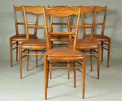 1970s Set of 6 Beech Dining Chairs, Leather Upholstery