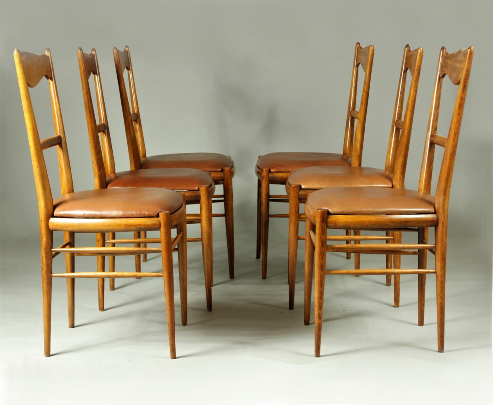 Mid-Century Modern 1970s Set of 6 Beech Dining Chairs, Leather Upholstery For Sale