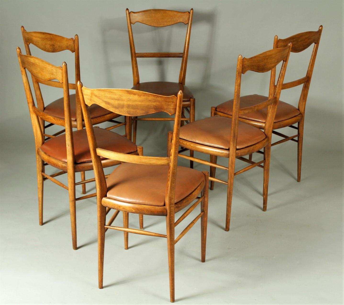 Czech 1970s Set of 6 Beech Dining Chairs, Leather Upholstery For Sale