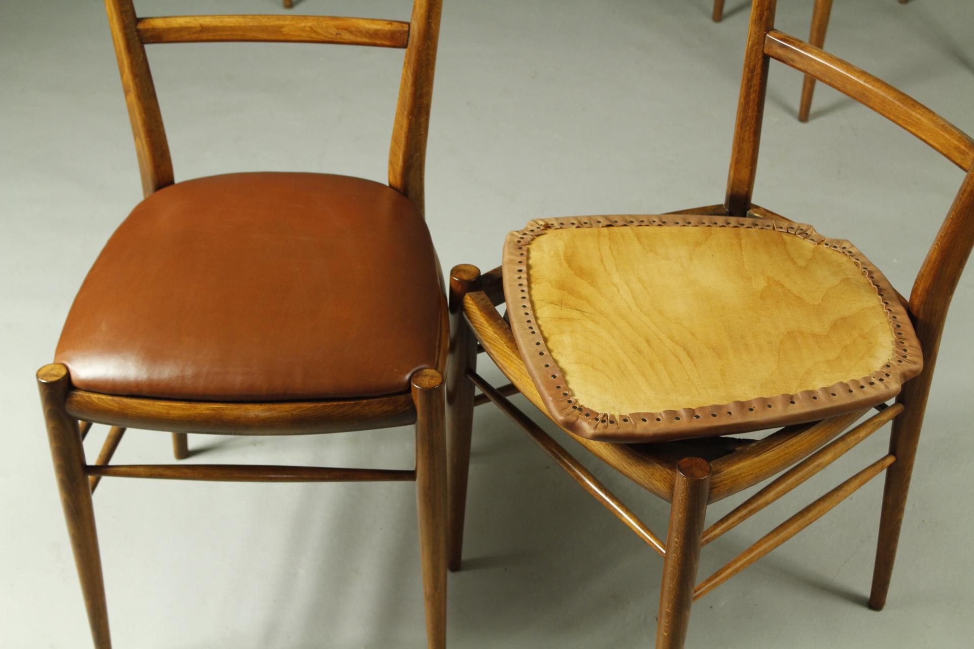20th Century 1970s Set of 6 Beech Dining Chairs, Leather Upholstery For Sale