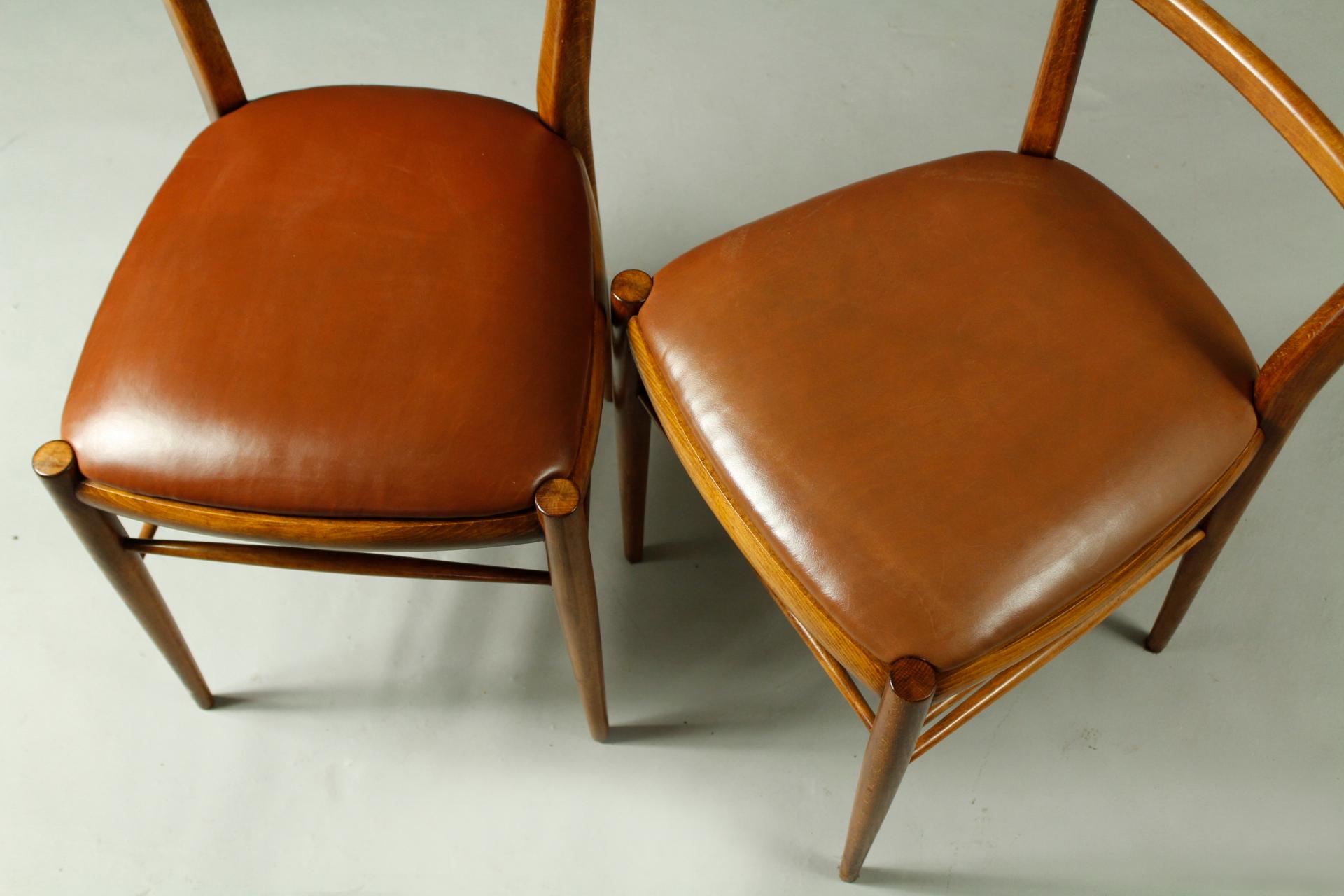 1970s Set of 6 Beech Dining Chairs, Leather Upholstery For Sale 1