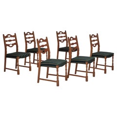 1970, ensemble de 6 chaises de salle à manger danoises, état d'origine, bois de chêne, laine.