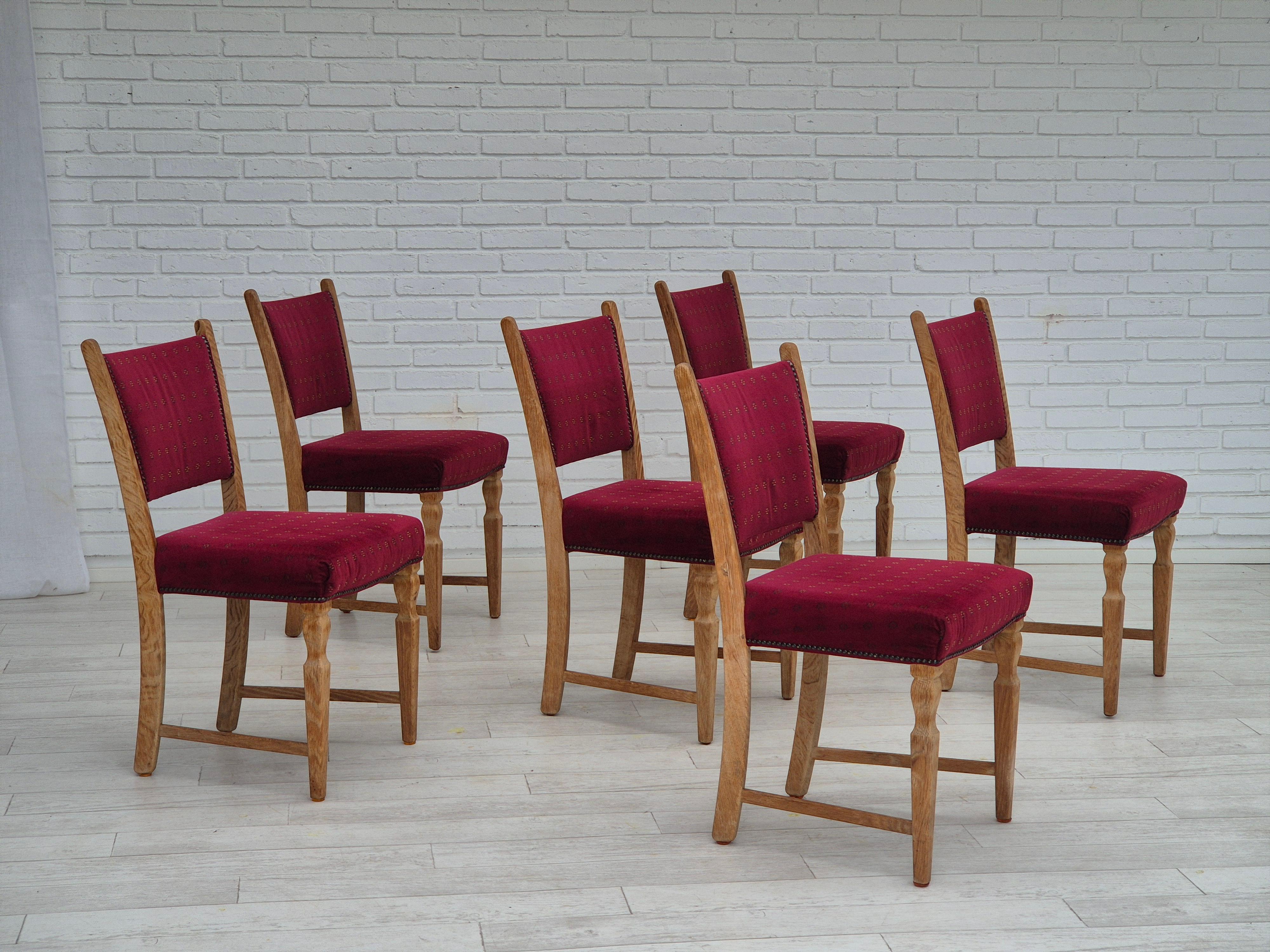1970s, set of 6 Danish dining chairs. Oiled oak wood, red furniture velour. Chairs reupholstered in about 10 years ago: very good condition: no smells and no stains. Manufactured by Danish furniture manufacturer in about 1970s.