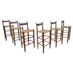 Lot de 6 tabourets de bar en bois massif de style moderne danois des années 1970, avec assises en jonc tressé