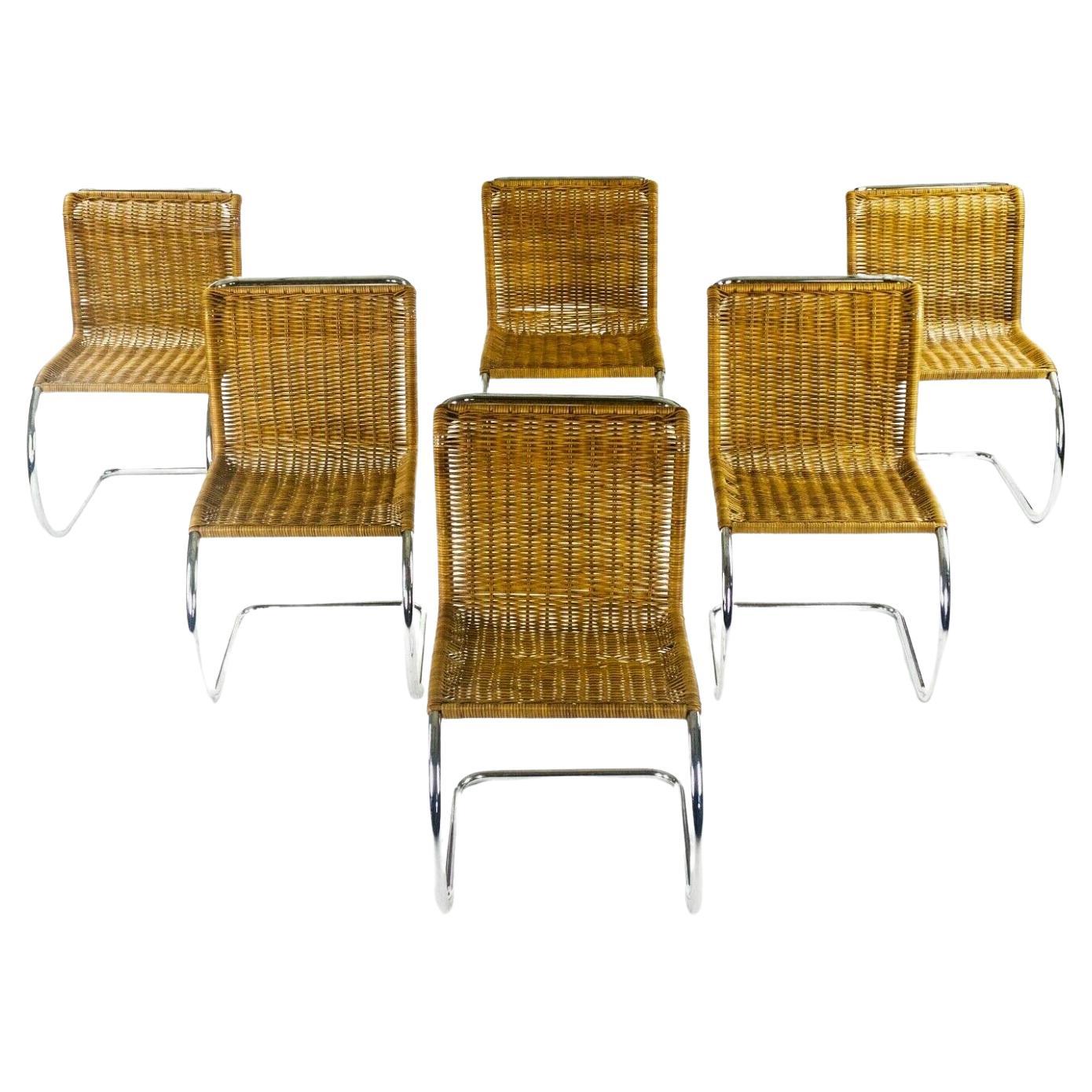 Ensemble de 6 chaises de salle à manger Mies Van Der Rohe pour Knoll MR10 en rotin et chrome des années 1970 en vente