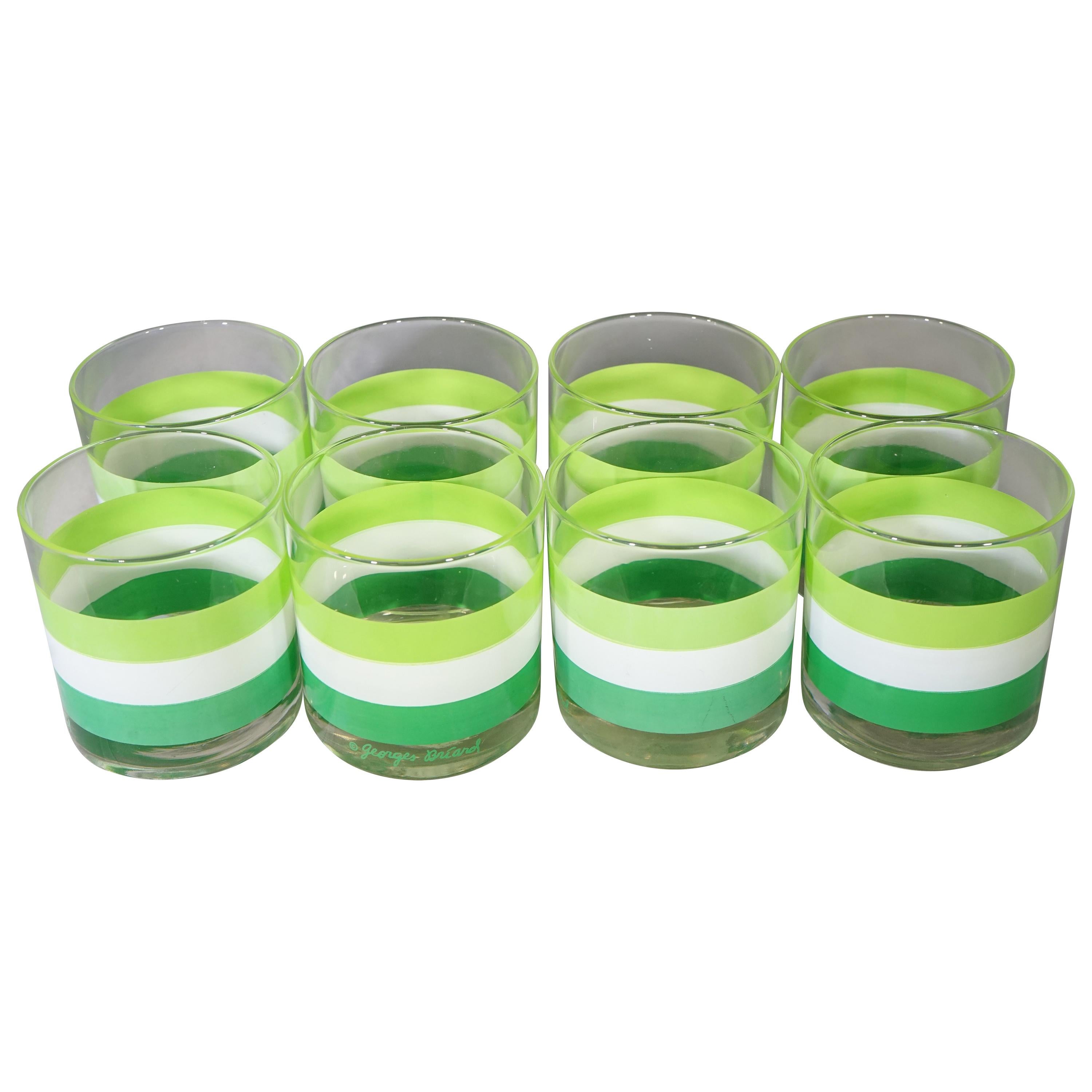 1970s Set of 8 Green Striped Old Fashioned Glasses by Georges Briard