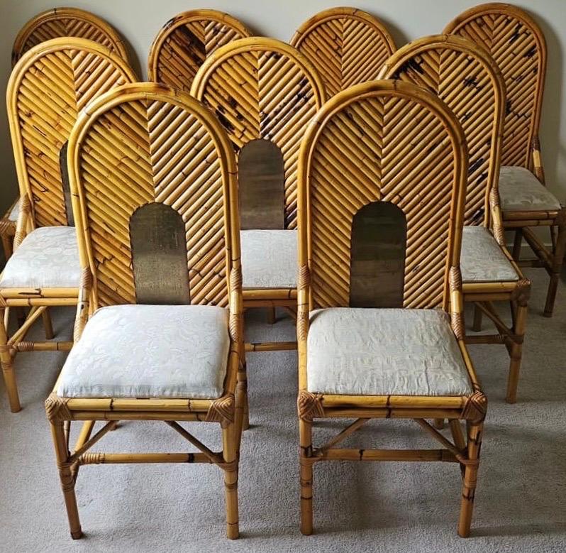 This is an amazing set of 8 Italian Bamboo High-backed Dining Chairs, designed in the spirit of Gabriella Crespi's 