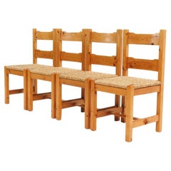 Retro 1970’s set of chairs in pine wood with straw seat