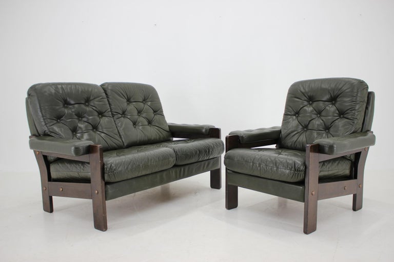 Mid-Century Modern 1970s Set of Dark Green Leather 2-Seater Sofa and Armchair, Denmark