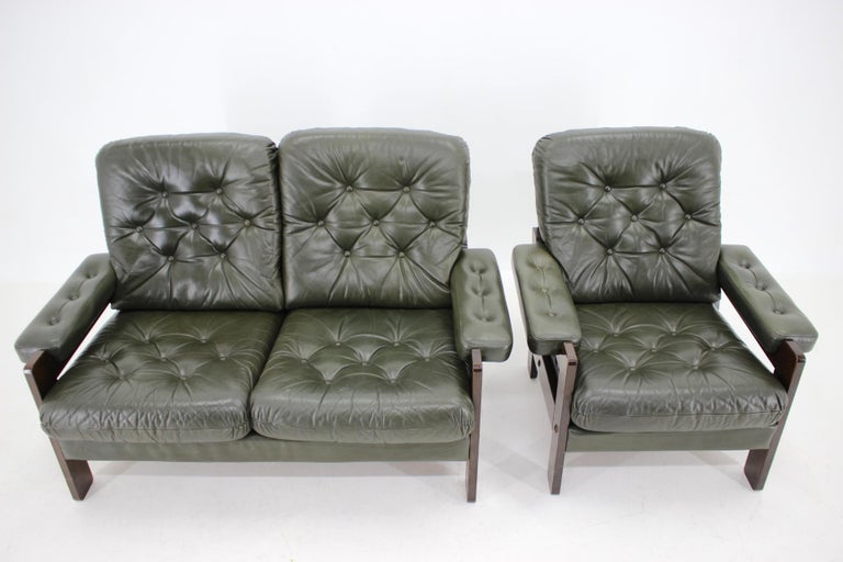 1970s Set of Dark Green Leather 2-Seater Sofa and Armchair, Denmark 1
