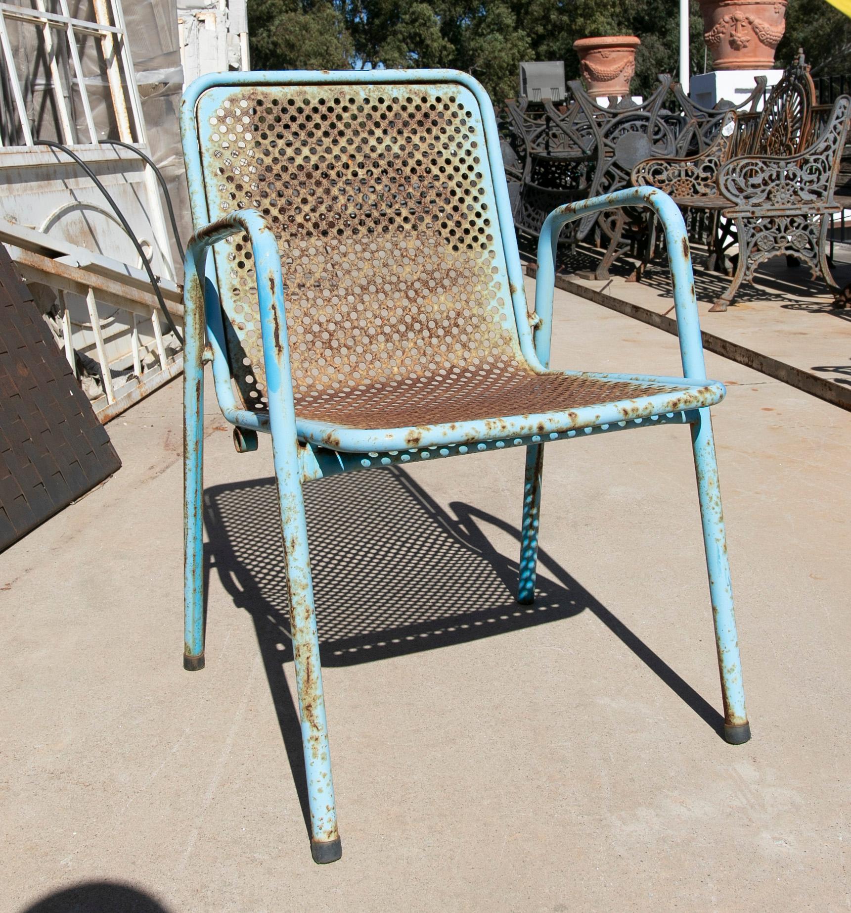 Spanish 1970s Set of Eight Blue Painted Iron Garden Chairs For Sale