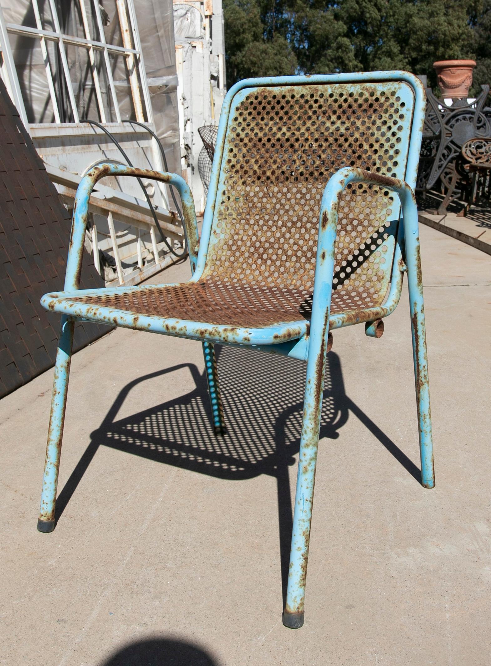 1970s Set of Eight Blue Painted Iron Garden Chairs For Sale 1