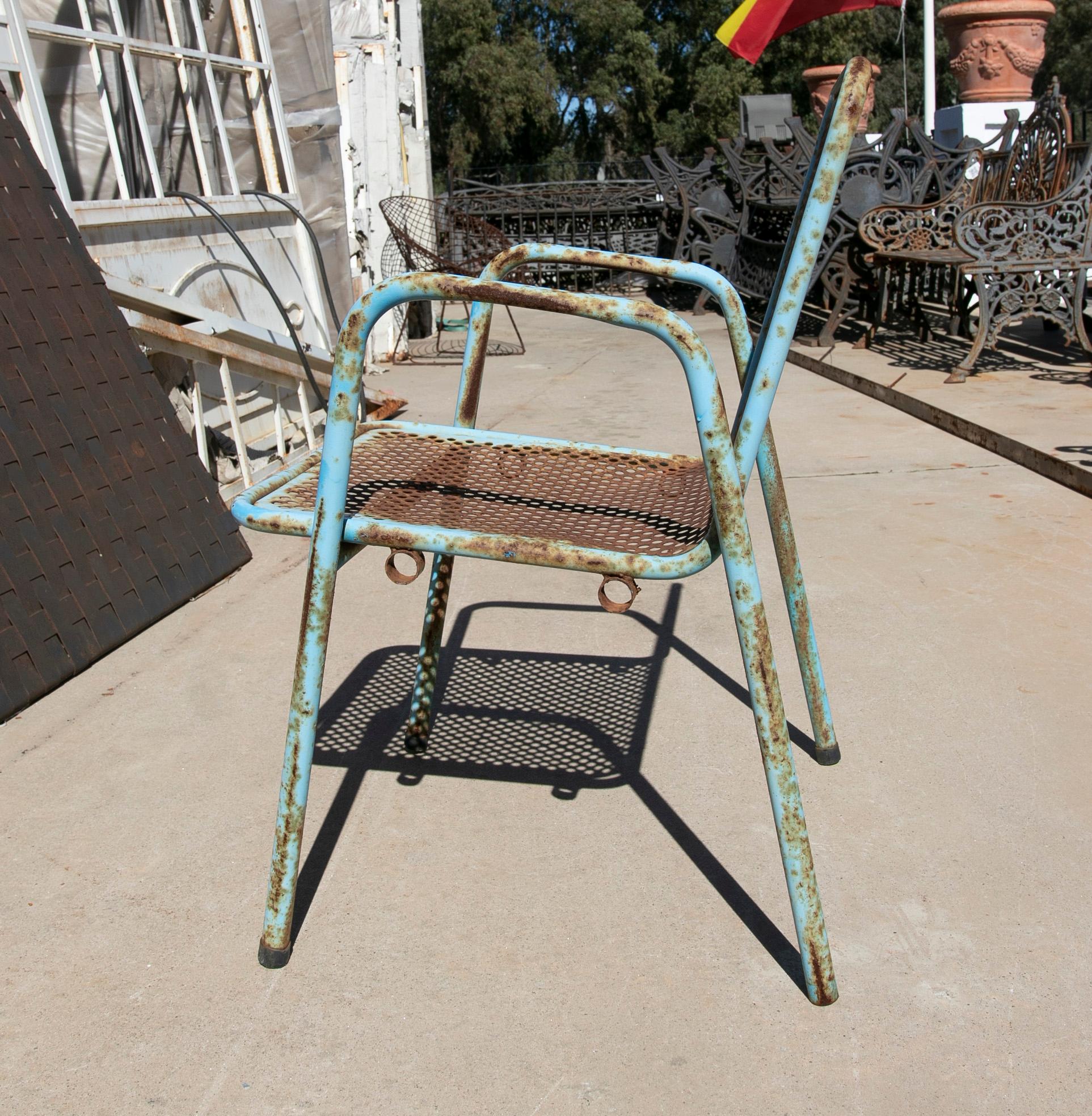 1970s Set of Eight Blue Painted Iron Garden Chairs For Sale 2