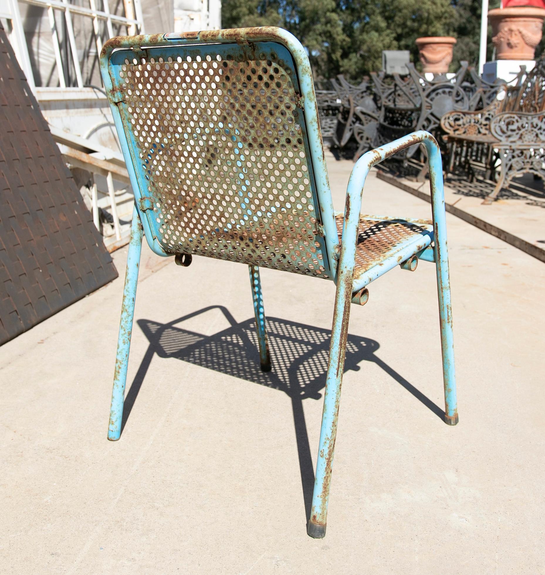 1970s Set of Eight Blue Painted Iron Garden Chairs For Sale 4