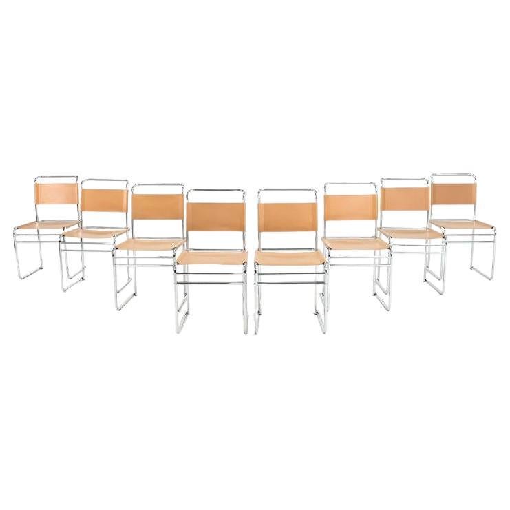 1970s Set of Eight Marcel Breuer Model B5 Side Dining Chairs in Tan Leather For Sale