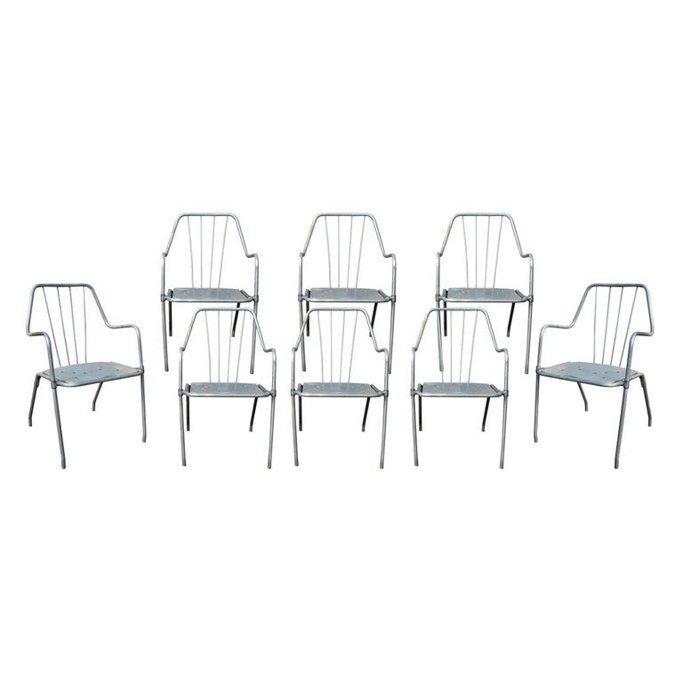 1970s Set of Eight Spanish Iron Garden Chairs in Steel Finish For Sale