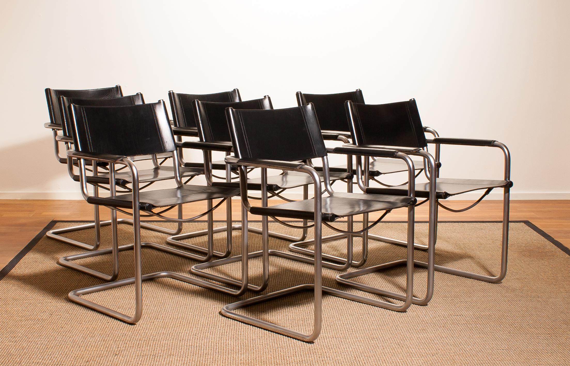 Italian 1970s Set of Eight Tubular Steel and Leather Dining Chairs by Matteo Grassi