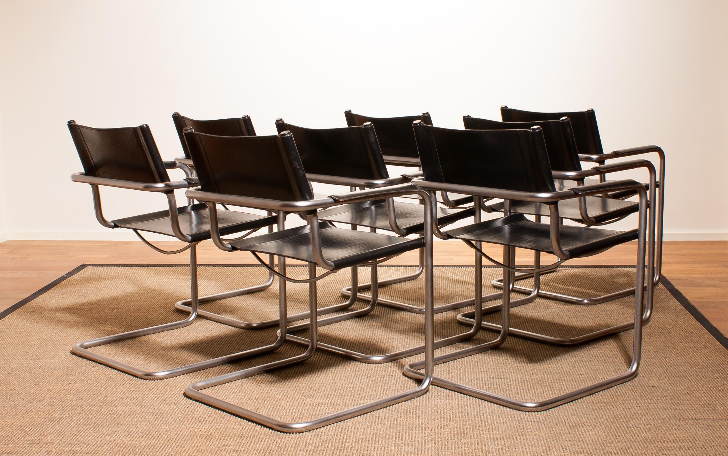 Italian 1970s Set of Eight Tubular Steel and Leather Dining Chairs by Matteo Grassi