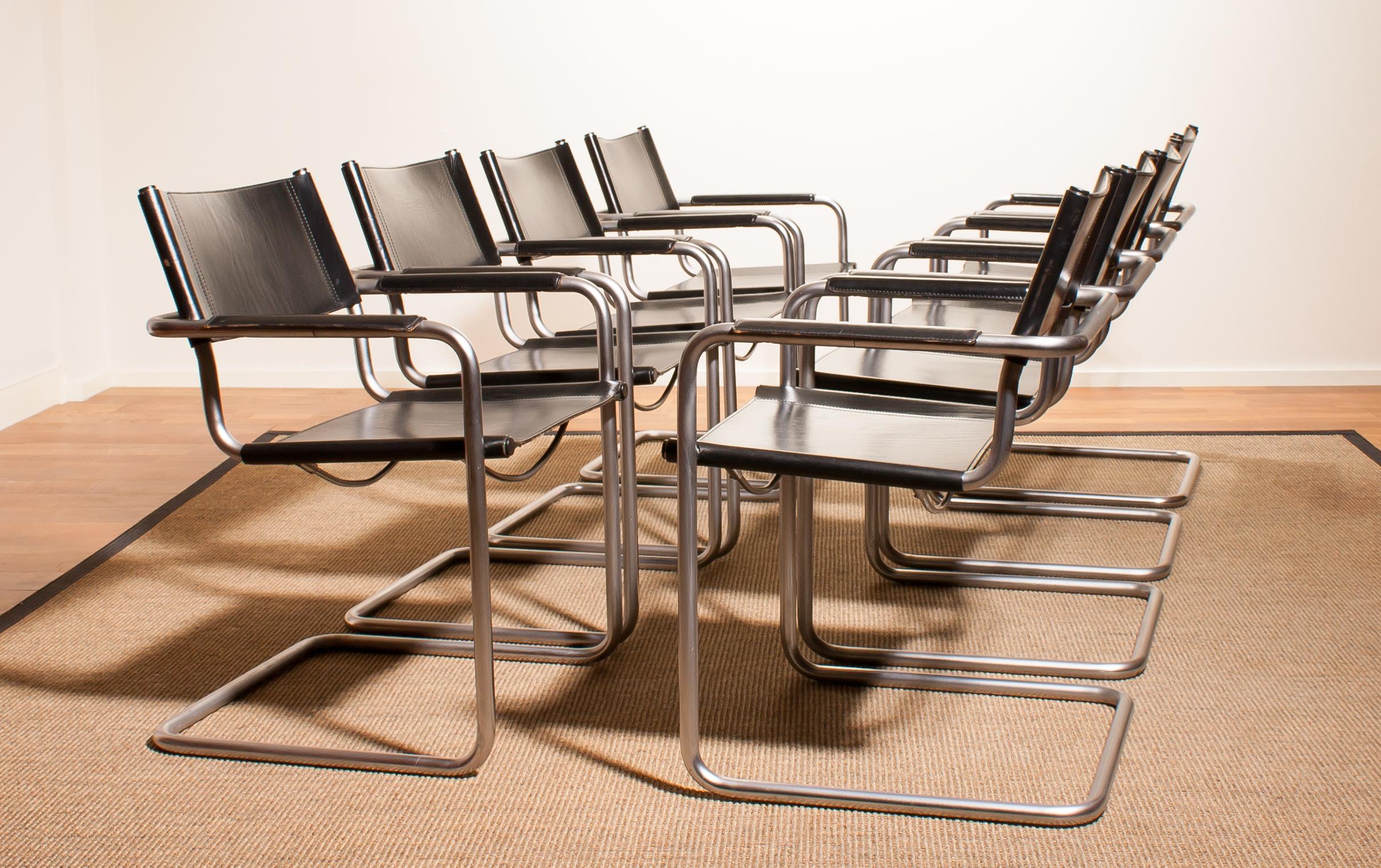 1970s Set of Eight Tubular Steel and Leather Dining Chairs by Matteo Grassi 1