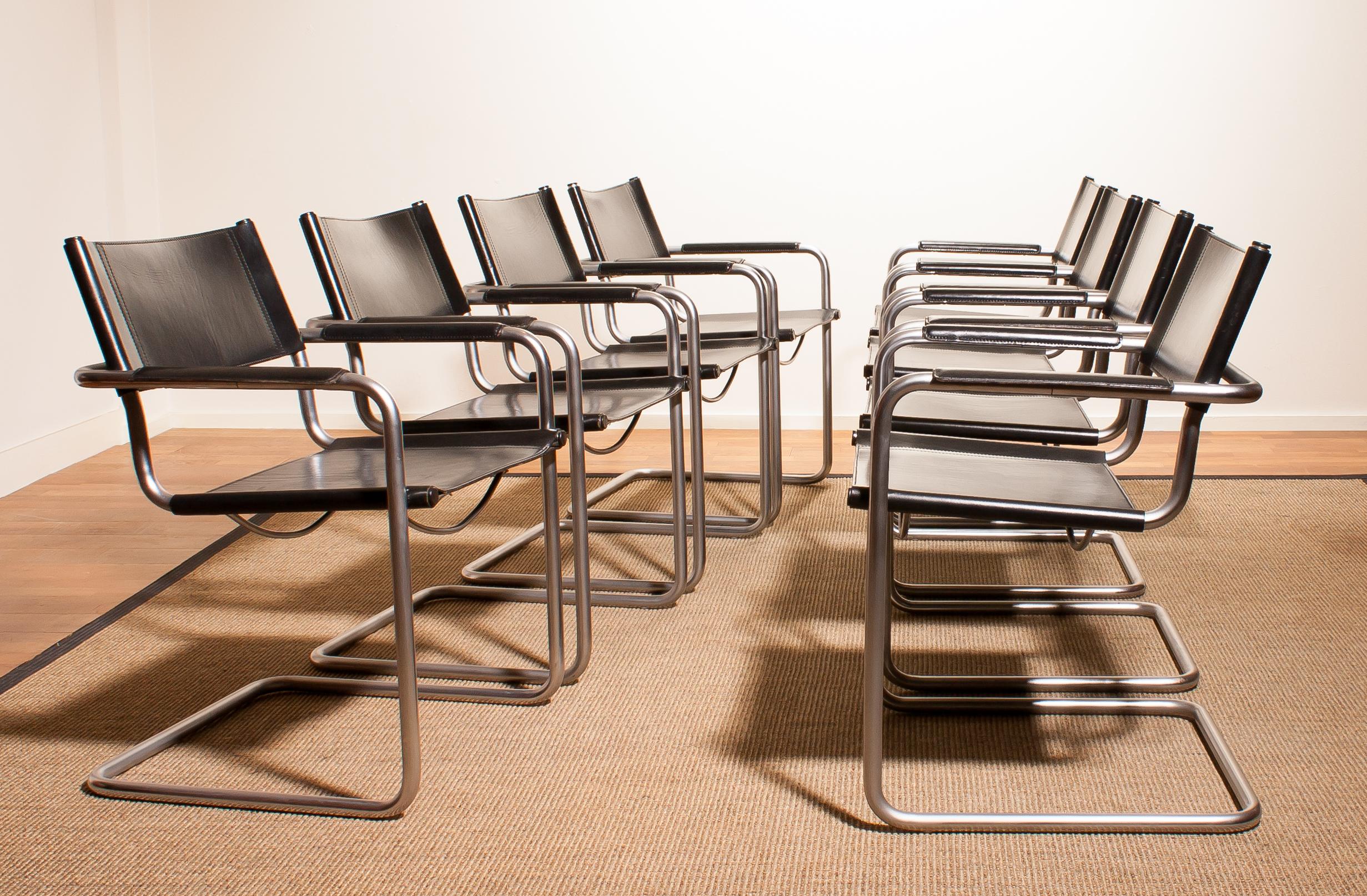 1970s Set of Eight Tubular Steel and Leather Dining Chairs by Matteo Grassi 3