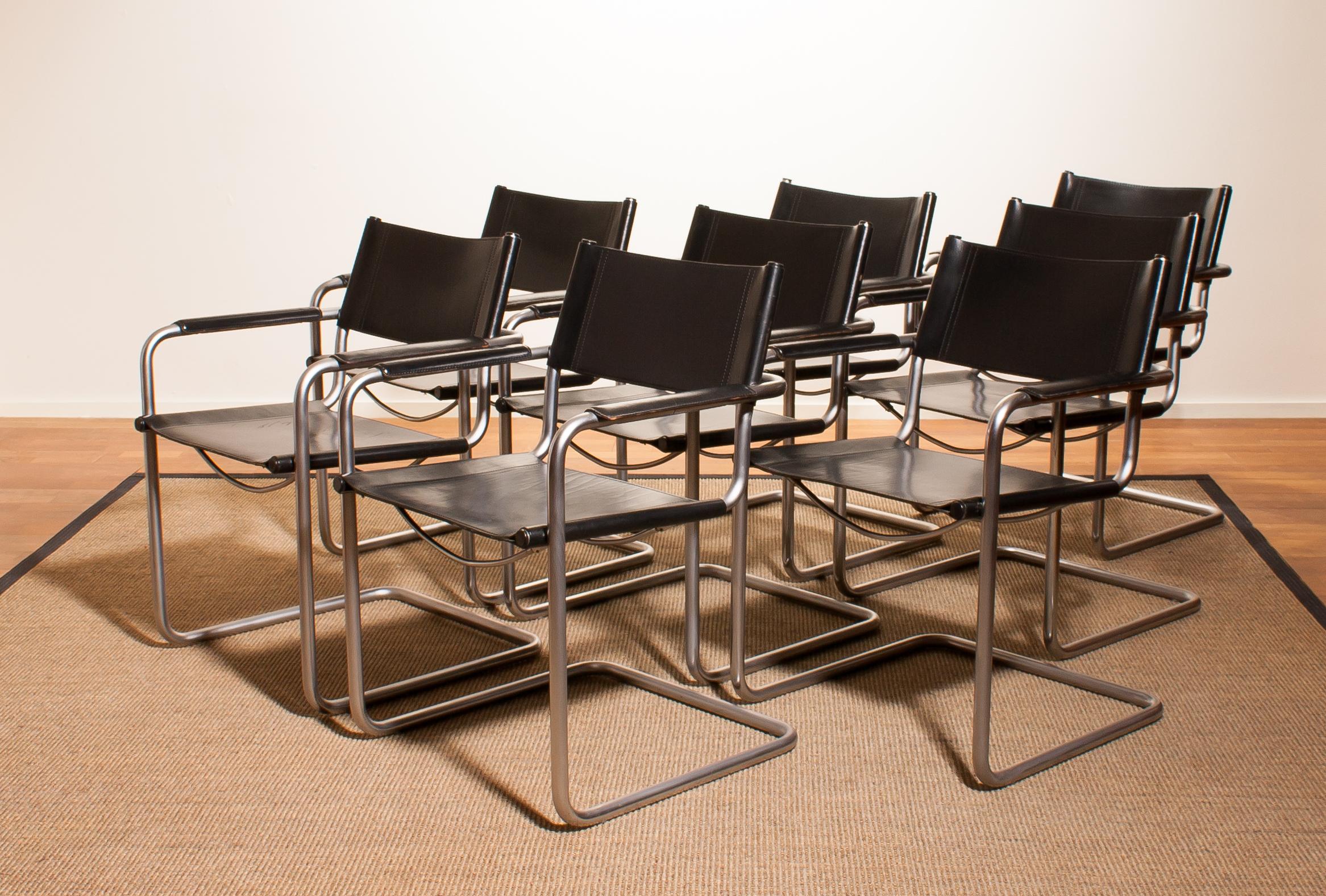 1970s Set of Eight Tubular Steel and Leather Dining Chairs by Matteo Grassi 4