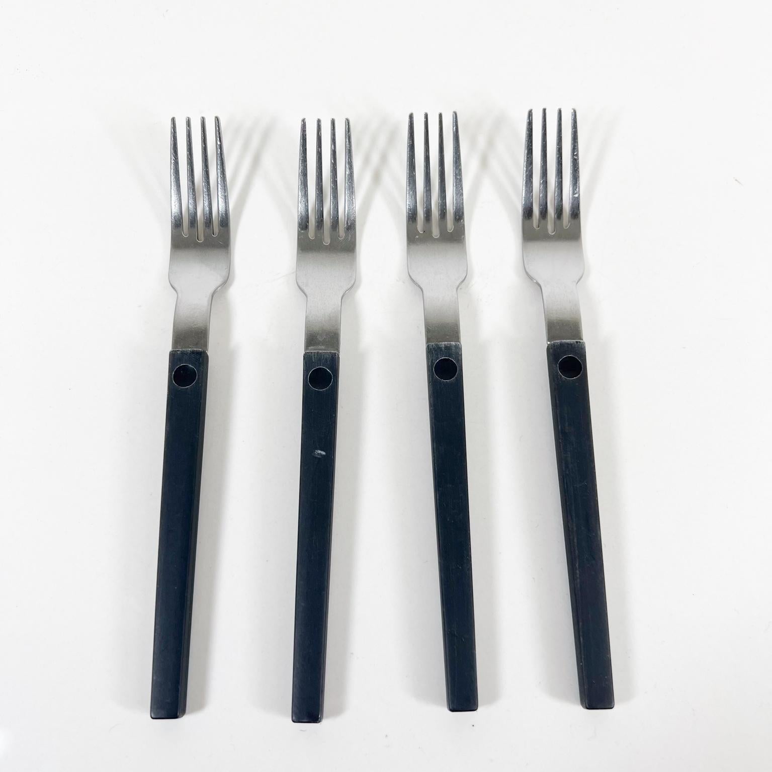Mid-Century Modern 1970s Set of Four Black Forks + One Spoon MCM Flatware Style Raymond Loewy