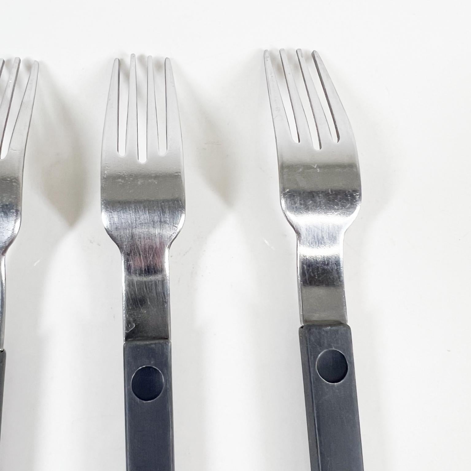 Stainless Steel 1970s Set of Four Black Forks + One Spoon MCM Flatware Style Raymond Loewy
