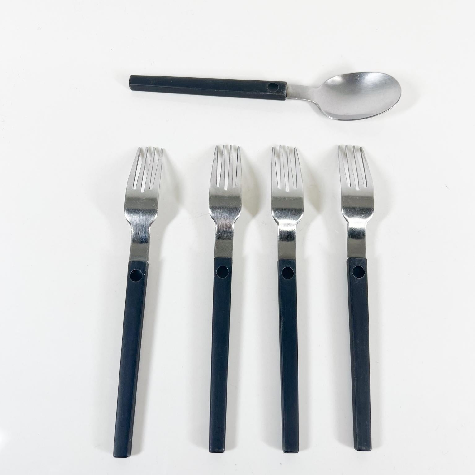 1970s Set of Four Black Forks + One Spoon MCM Flatware Style Raymond Loewy 1